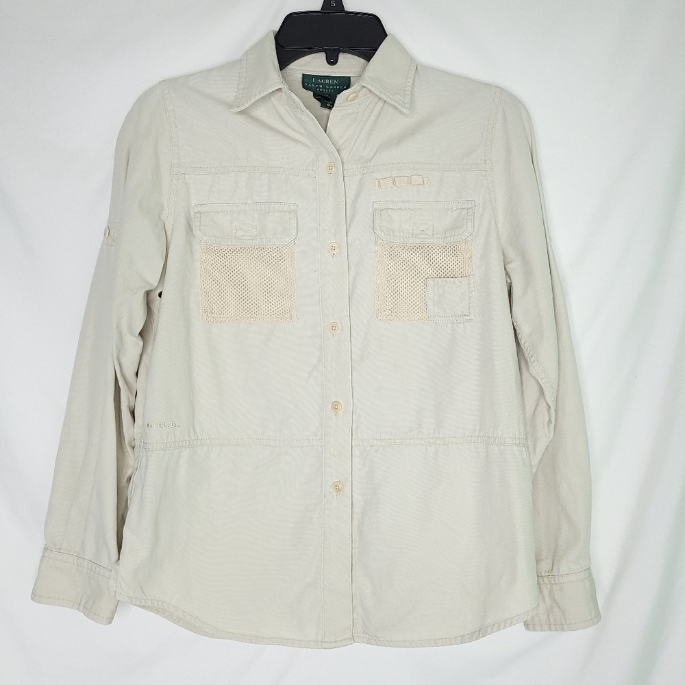 LAUREN RALPH LAUREN Women's Beige  Utility/Field/Safari Button Down Shirt PET.SM